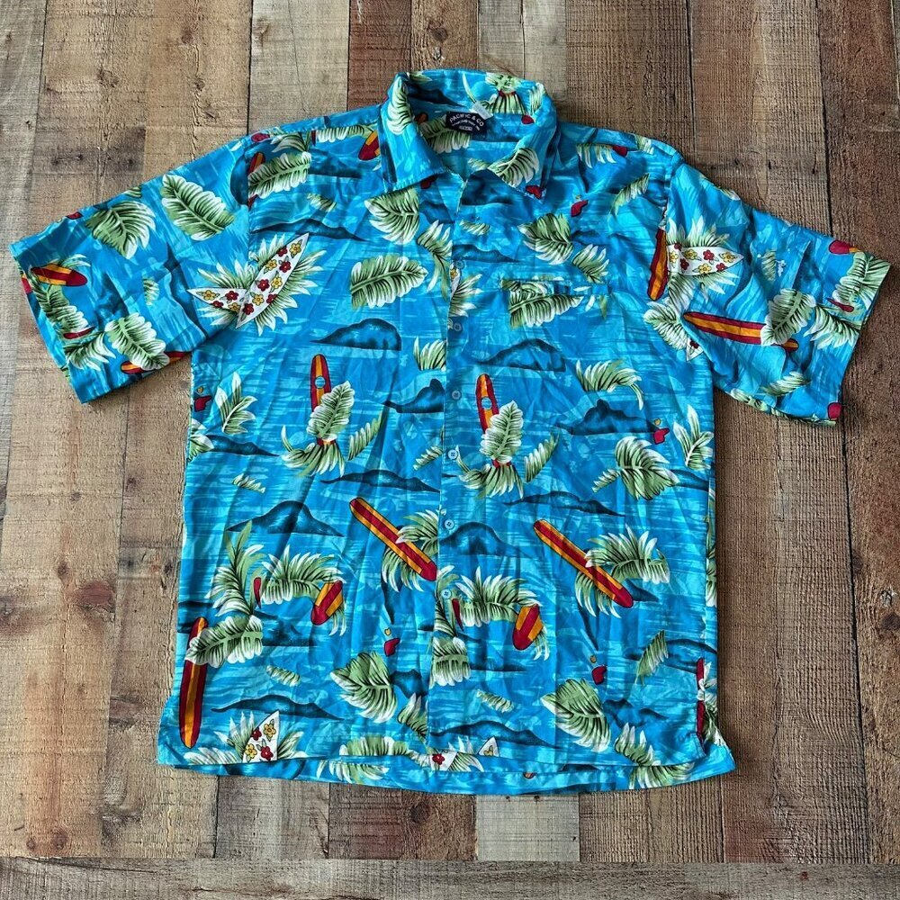 Pacific & Co Hawaiian Shirt Surfboard Print Blue Short Sleeve Button-Up XL